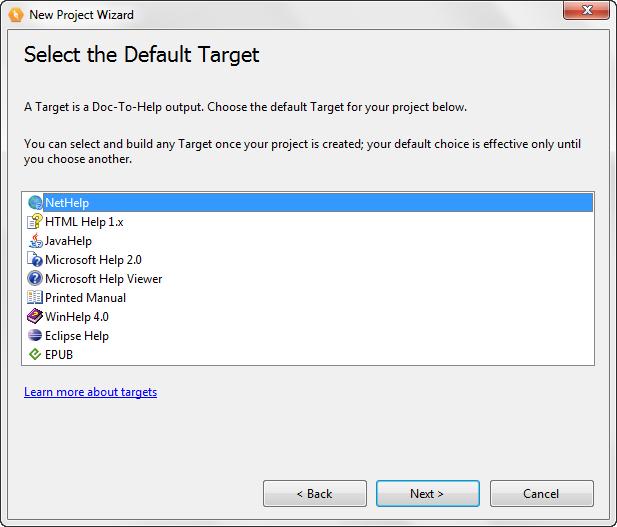 Now, select your default Help target. You can generate any of these targets from your project at any time, but the default chosen here will be the one displayed when you open your project.