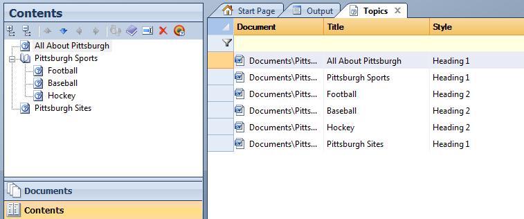 The Topic has three automatic subtopic links "Football", "Baseball", and "Hockey" which were created by Doc-To-Help based on the document structure.