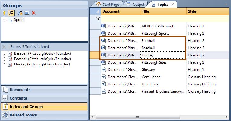 Click the Add Group button and name the new group "Sports." Select the topics "Football", "Baseball", and "Hockey" in the Topics window and drag them into the lower Groups pane.