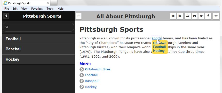 Now, "sports" is a hyperlink, and when you click on it, a menu with all of the topics in that group displays. Select any one of the menu items, and the topic opens.