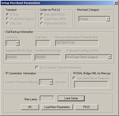This setup screen displays the current values for the merchant parameters which are all 0 s indicating that merchant parameters have not yet been loaded from Datacap s PSCS server.