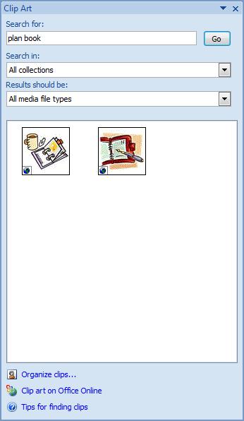 3. After you have found your image, hover over the clipart you like which will show a drop down menu, click and click Insert to insert your clipart to the document. 4.