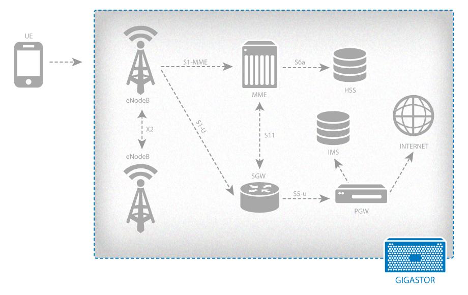 Figure 9: Basic LTE infrastructure A GigaStor probe can capture and track all of a device's network traffic in your LTE environment after the device connects to an enodeb.
