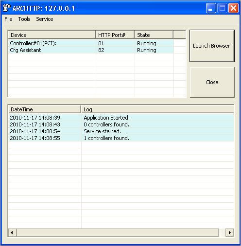 Figure 12: Areca RAID application 2. Select Controller 01 and click Launch Browser. If the controller is not running, click the Start button then launch the browser.
