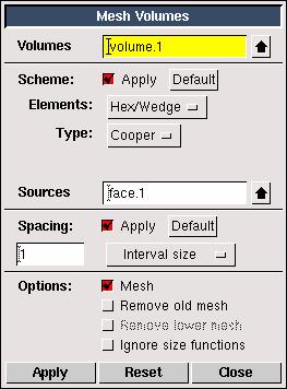 Procedure CREATING AND MESHING BASIC GEOMETRY Step 5: Mesh the Volume 1. Create a mesh for the volume. MESH VOLUME MESH VOLUMES This command sequence opens the Mesh Volumes form.
