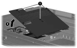2. Lift the left side of the cover (2), swing it to the right, and remove the cover. 3. Remove the memory/wlan module compartment cover.