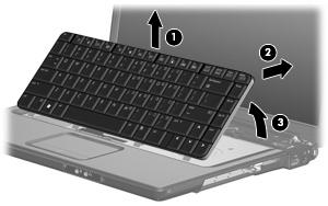 4. Open the computer as far as possible. 5. Lift the rear edge of the keyboard (1) until it rests at an angle. 6.