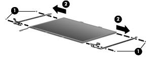 16. Remove the display hinges (2). The display hinges are available using spare part number 433288-001. 17.