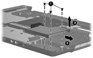 Remove the three Phillips PM2.5 4.0 screws (1) that secure the ExpressCard assembly to the system board. 4. Disconnect the ExpressCard assembly (2) from the system board by sliding it to the right.