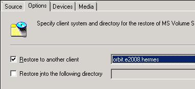 Figure 3. Restoring to another client 5. Specify the device and media options. For details, press F1. 6. Start the restore. 7. Resume the replication.