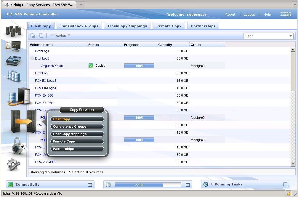 The screen shot below shows the Storwize V7000 GUI view of FlashCopy s currently in progress. Note that the FlashCopy is shown directly below the source volume.