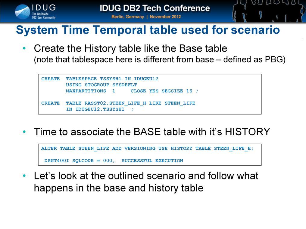 In order to complete the preparation, we need to create the HISTORY table to hold any UPDATED/DELETED rows from the BASE table. The easiest method is to create the history table using the LIKE clause.