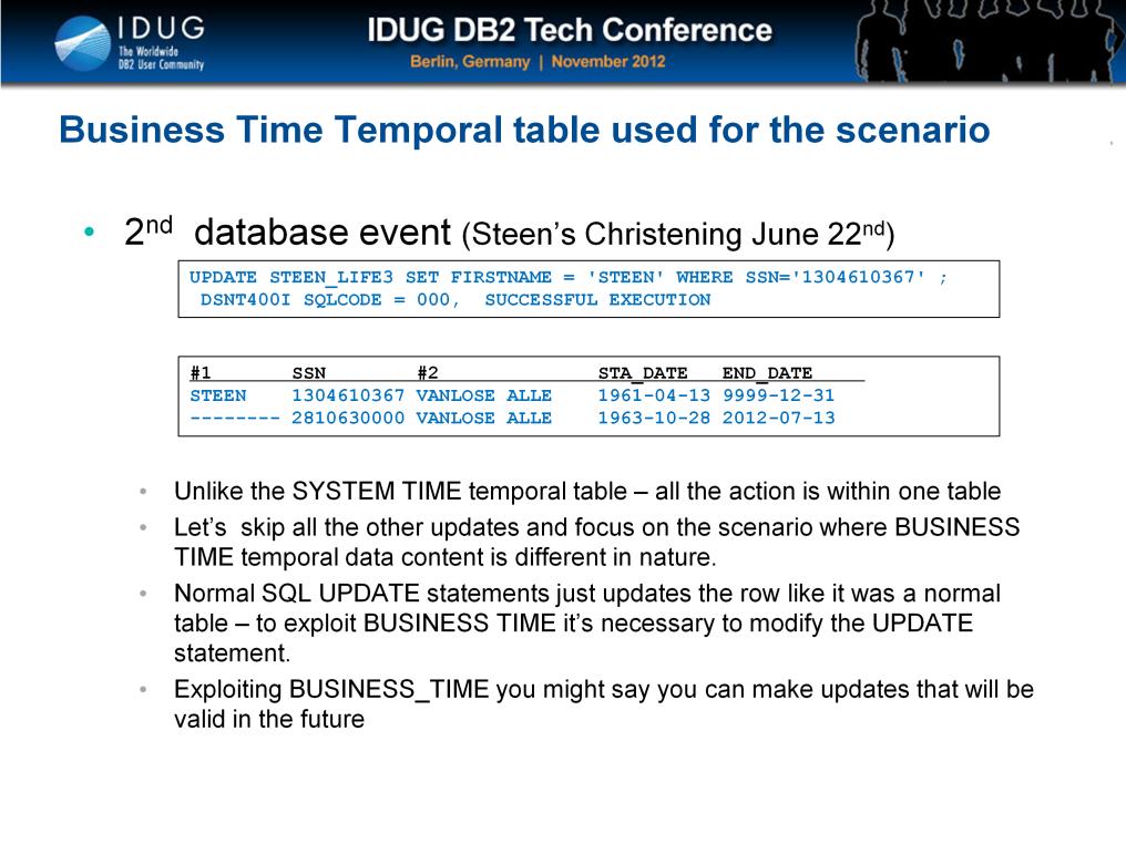 The second event is where Steen is being giving a name. The table is updated as expected the difference between BUSINESS TIME and SYSTEM TIME is that no history table is involved.