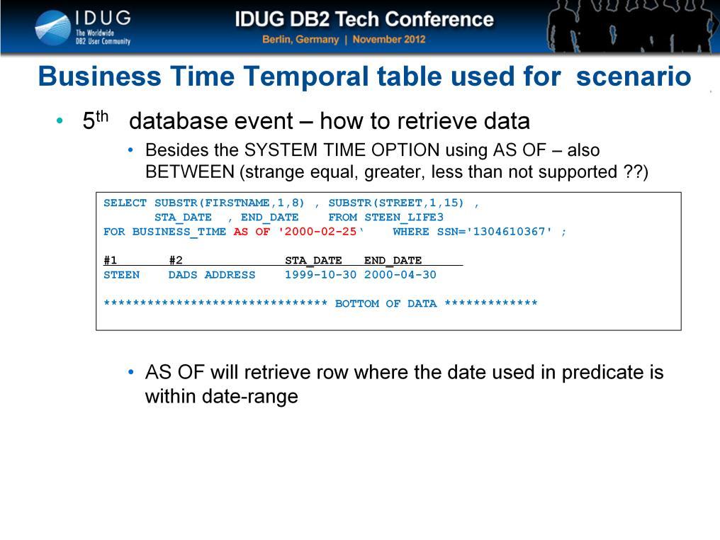 Let s have a quick look into how SQL retrieval works for BUSINESS TIME temporal tables. In the previous scenario of SYSTEM TIME we used AS OF and BETWEEN.