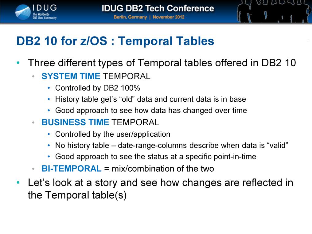 DB2 for z/os offers three types of temporal tables all different in nature and how they operate and how they are created.