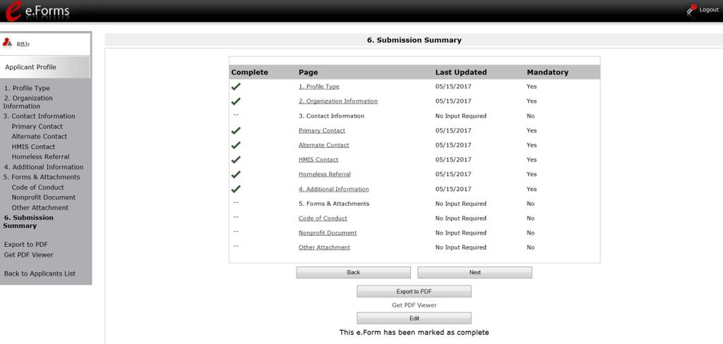 The following image shows the completed Applicant Profile "Submission Summary" screen.