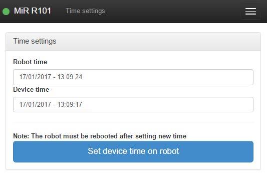 MiR00 Configuration Administrator 47/47 MiR > Service > Configuration > System > Time settings. Click Set device time on robot.