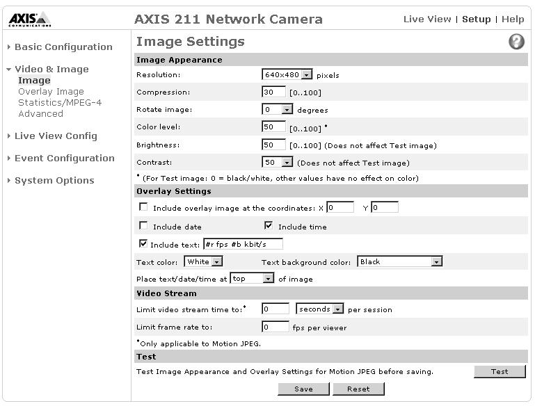 22 AXIS 210 - Configuration Video and Image The following descriptions offer examples of the features available in the AXIS 210.