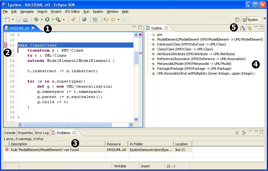 Fig. 2. ETL Editor and Outline View launch configuration interfaces of all Epsilon languages.