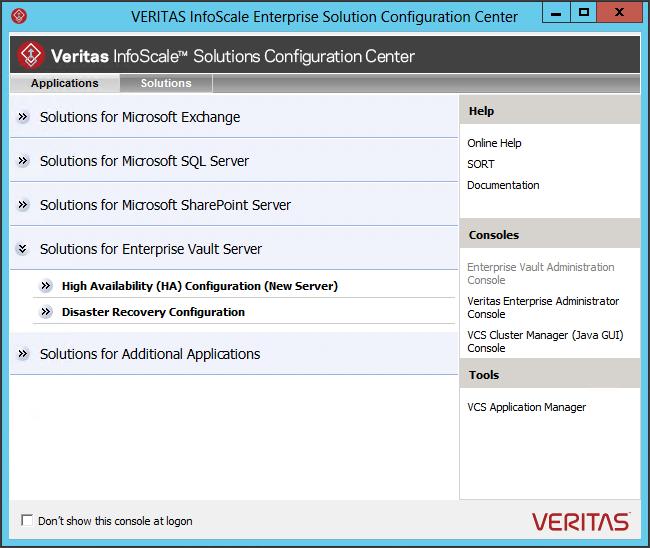 Using the Solutions Configuration Center About launching wizards from the Solutions Configuration Center 84 Figure 3-1 Solutions Configuration Center for Enterprise Vault Server About launching