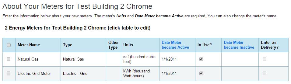 8. Click on the meter checkbox, use the dropdown to specify Units (in kwh for electric and ccf or other appropriate measure for Natural Gas), and use the Calendar icon to indicate the First Bill Date.