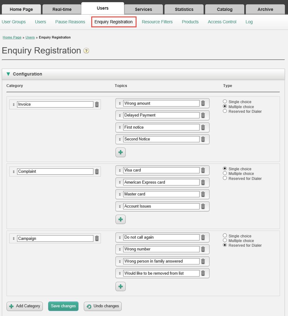The Enquiry registration Categories and Topics the agents can see in the Connect Client are defined here.