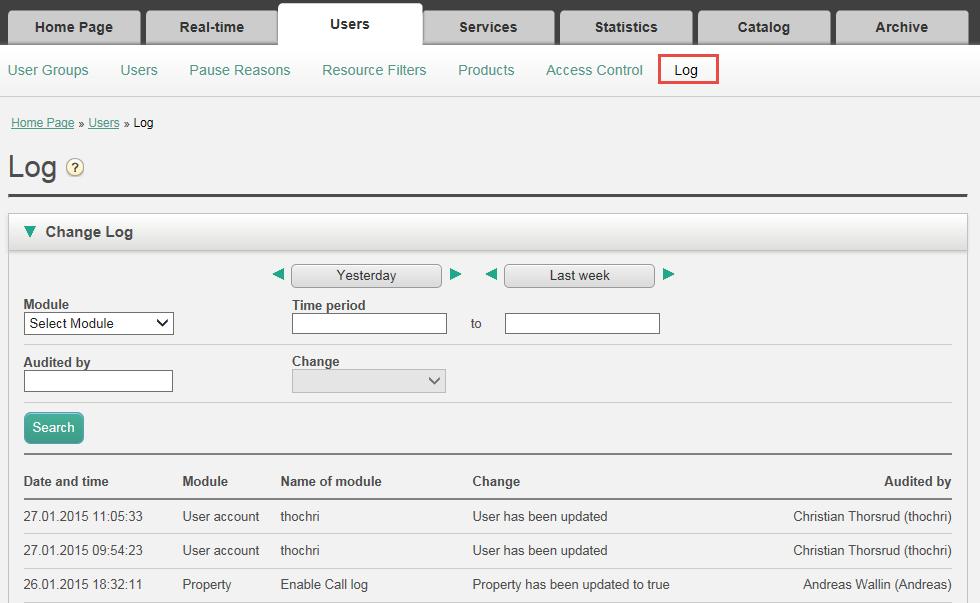 6.8 Change Log/Access Log 6.8.1 Change log The Change Log gives you an overview of changes made in Connect Control for the last 3 months.