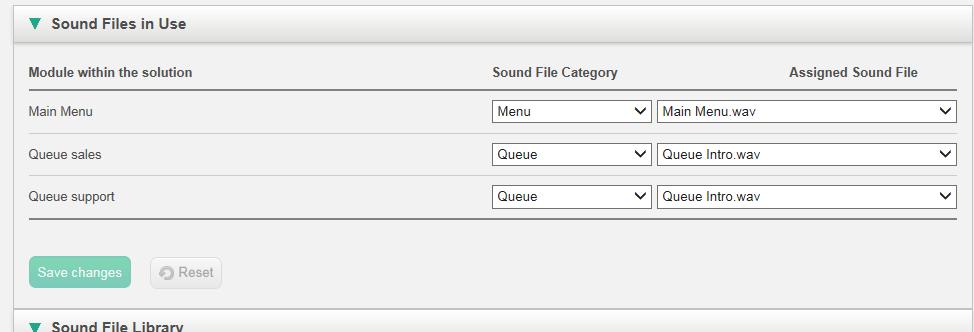 7.2.1 Sound Files in Use Here you can see what sound files that are now being used in the different modules in your Connect service.