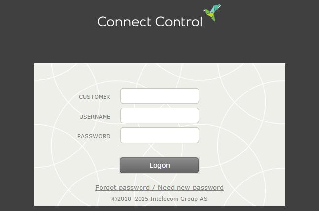 3 Log on to Connect Control and password As an administrator or supervisor user, go to https://control.intele.com and enter your Customer number, Username and Password.