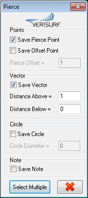 Verisurf Pierce The Pierce feature creates points at the intersection of line entities and surface entities. There are a few options to control the behavior of Pierce.