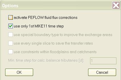 IfmMIKE11: Coupling FEFLOW to MIKE11 33 Options If the button Options is applied, then a new dialog will appear, by which additional flow options can be defined.