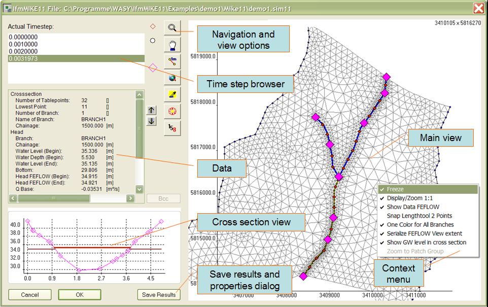 IfmMIKE11: Coupling FEFLOW to MIKE11 43 Figure 37: IfmMIKE11 main dialog (simulator) Notice that the FEFLOW boundary nodes being shown in the view represent the state of the boundaries at the end of
