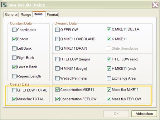 IfmMIKE11: Coupling FEFLOW to MIKE11 80 In the Save Results Dialog, these items are also available. This is shown in the next figure.