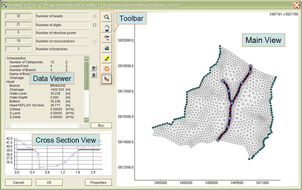 IfmMIKE11: Coupling FEFLOW to MIKE11 93 Figure 89: Demo1, main dialog of IfmMIKE11 The View window shows the model area including FEFLOW boundary conditions, patch groups (a group of FEFLOW boundary