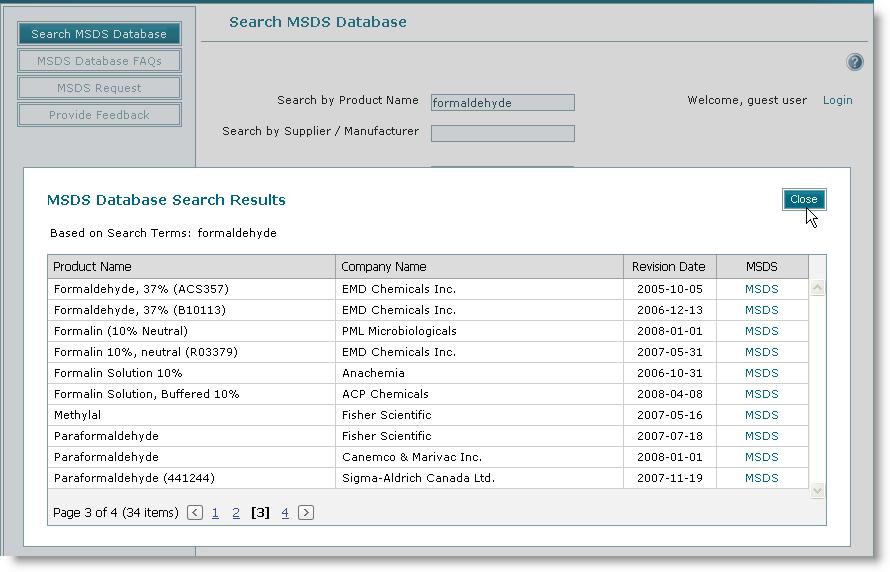 2.5 Clearing Your Search To begin the search for another MSDS, first click the Close