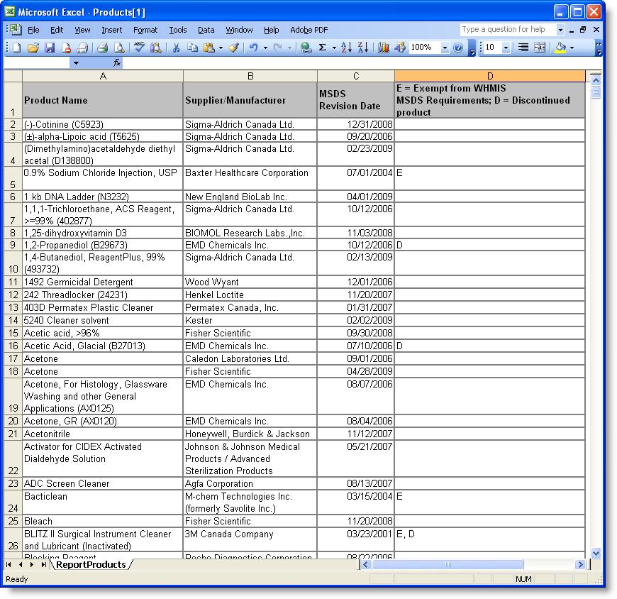 The report generated in Excel will contain the selected information for all products returned by the site inventory search.