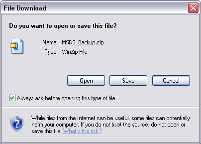 All listed MSDSs will be compressed into a ZIP file and, after a few moments, a File Download dialog box will appear.