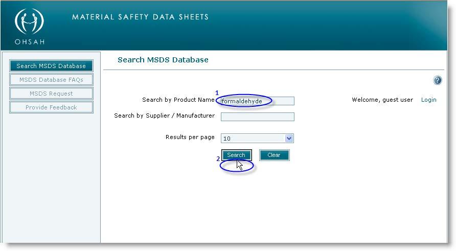 field on the Search MSDS Database webpage.