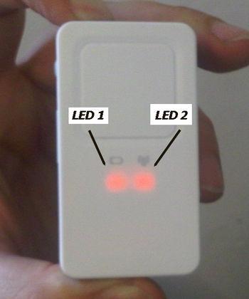 Turn on and LED LED 1 RED Sequence 1: solid means power is low Sequence 2: slow flash means it is charging LED 2 RED Device is on or the device received a valid configuration command GREEN Sequence