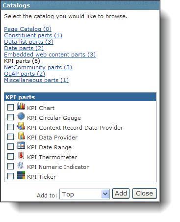 24 CHAPTER 3 When you hover your cursor over a part type, a description of the part appears. 4. Select the parts to add. 5. In the Add to field, select the area of the page to place the part.