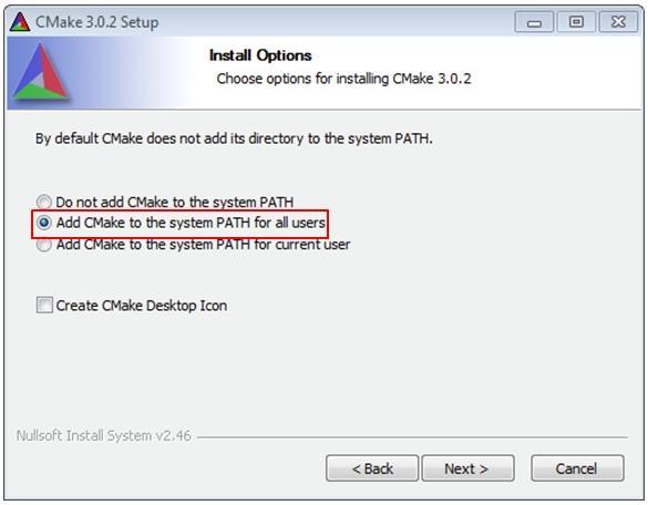 2. Install CMake, ensuring that the option "Add CMake to system PATH" is selected when installing.