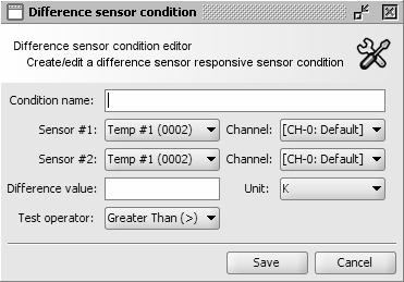 two different sensors and their respective I/O channels, the difference value, the difference value unit, and the test operator (either greater than or less than).