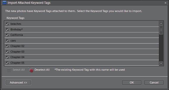 3 A dialog box appears, asking if you would like to import the keywords that are attached to the photos.