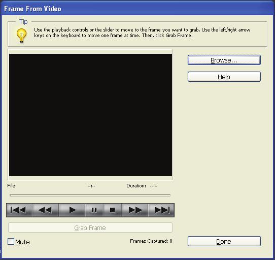 Getting a still image from a video frame 4 Choose File > Import > Frame from Video. The Frame From Video dialog box allows you to choose a video clip and grab still images.