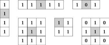 8.3 STRUCTURING ELEMENTS AND NEIGHBOURHOODS 199 Figure 8.2 Some examples of morphological structuring elements. The centre pixel of each structuring element is shaded Figure 8.