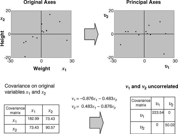 9.11 SUMMARY OF PROPERTIES OF PRINCIPAL COMPONENT ANALYSIS 255 Figure 9.10 v 1 and v 2 The weight height data referred to the original axes x 1 and x 2 and to the principal axes Example 9.