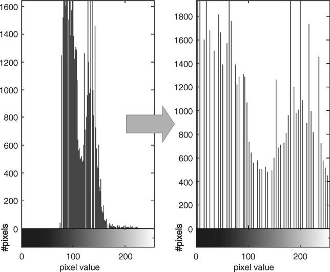 3.4 PIXEL DISTRIBUTIONS: HISTOGRAMS 69 Figure 3.16 Before and after histogram distributions for Figure 3.15 As is evident in this example (Figure 3.