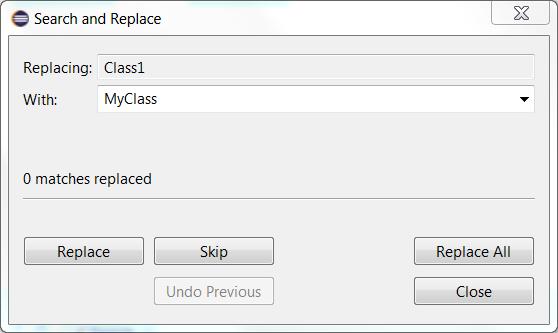 As you press the Replace or Skip buttons the item that is selected in the Search view will be replaced or skipped.
