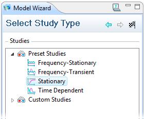 Select the Stationary study type and click the Finish button. Any selection from the Custom Studies list needs manual fine-tuning.