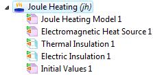 In the Model Builder, expand the Joule Heating node to examine the default physics interface nodes.